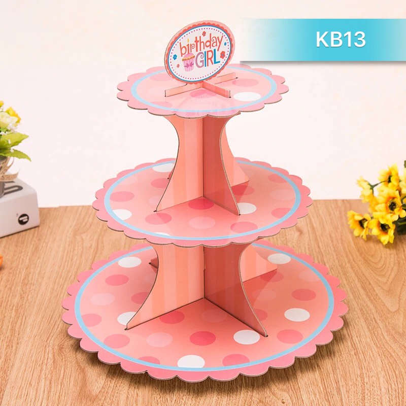 Kệ bánh Cupcake 3 tầng màu hồng chấm bi siêu dễ thương (KB13)