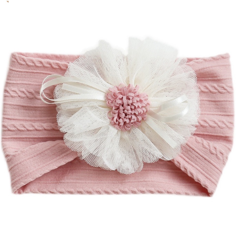 Turban vải dệt bản to, đính hoa ren cho bé gái