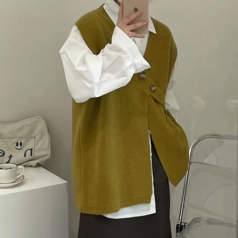 Áo Sweater Dệt Kim Không Tay Màu Trơn Cài Nút Thời Trang Mùa Thu Phong Cách Hàn Quốc Cho Nữ