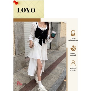 Set váy trắng yếm đen cổ bẻ thêu gấu 139