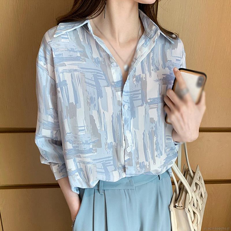 Áo sơ mi nữ ngoại cỡ tay dài họa tiết sơn dầu phong cách Hàn Quốc