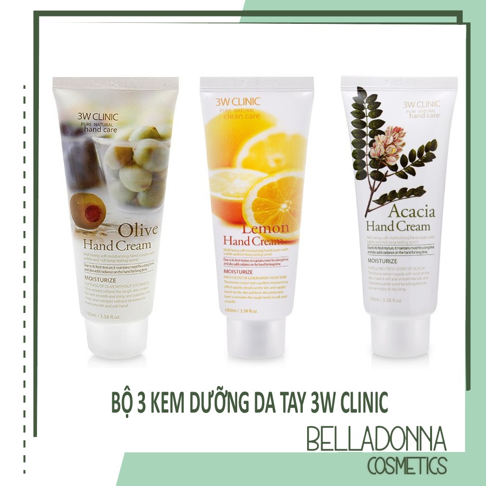 Bộ 3 Kem Dưỡng Da Tay 3w Clinic Hand Cream( Olive, Lemon, Acacia) 100mlx3