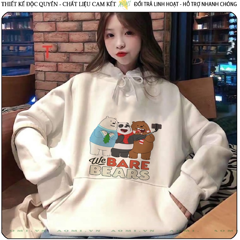 Áo khoác Nỉ Bông HOODIE Kawaii 3 chú gấu we are bear tay dài da cá mũ trùm đầu unisex full size AOMIVN