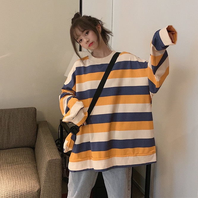 Áo Sweater Tay Dài Đệm Nhung Dày Dáng Rộng Họa Tiết Kẻ Sọc Phong Cách Hàn Quốc Thời Trang Mùa Đông Cho Nữ