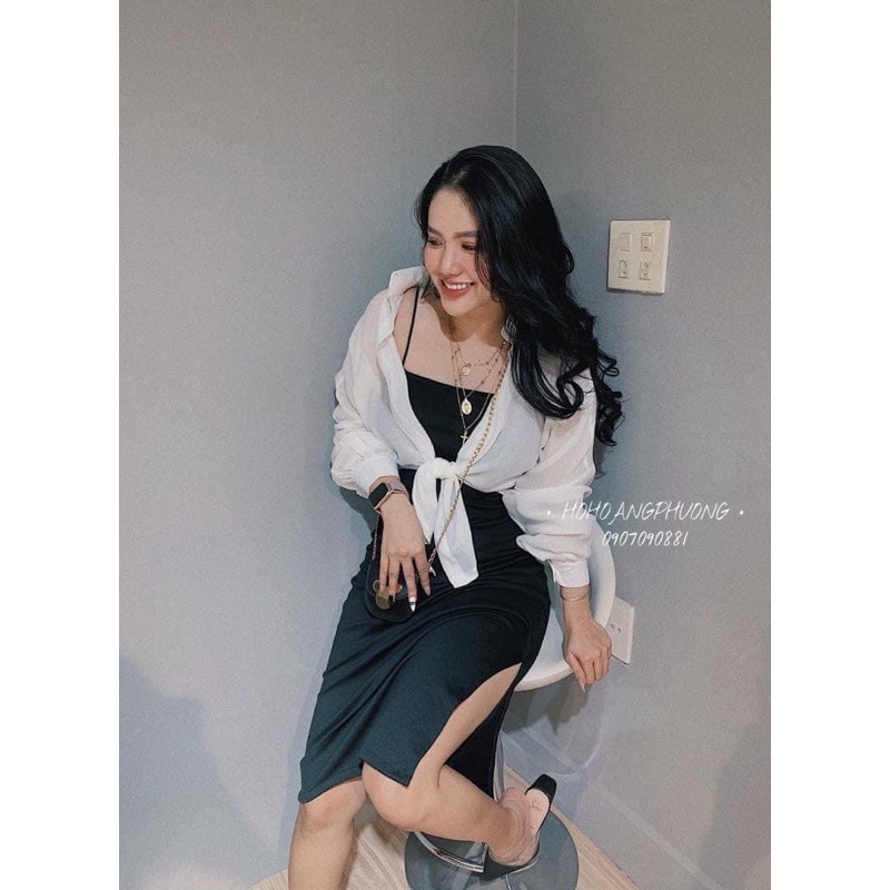 Set Váy hai dây xẻ đùi mix Áo sơ mi buộc vạt⚡ảnh thật | BigBuy360 - bigbuy360.vn