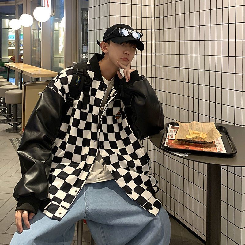 Áo khoác bomber làm từ da họa tiết ca rô thời trang cá tính trẻ trung cho nam và nữ