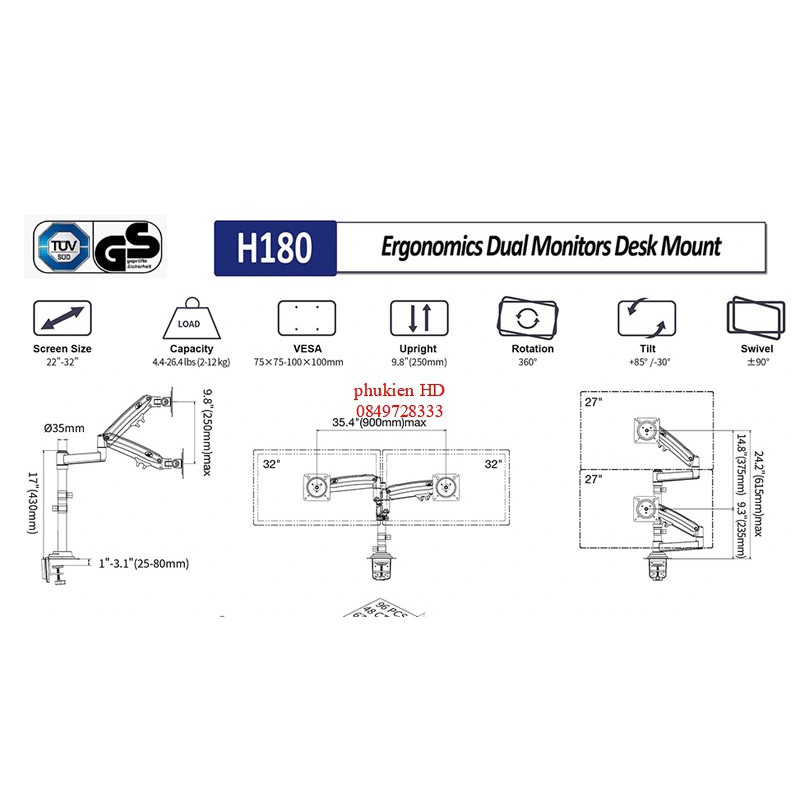 Xếp Màn Trên Dưới Giá Treo 2 Màn Hình NB H180 22-32 Inch Gắn Bàn Xoay 360 Độ