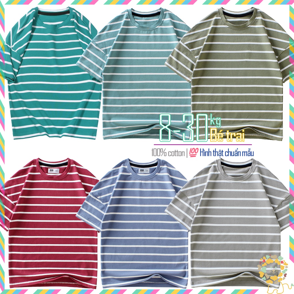 Áo bé trai size đại áo phông trẻ em 19 đến 36 kg hoạ tiết kẻ ngang chất cotton