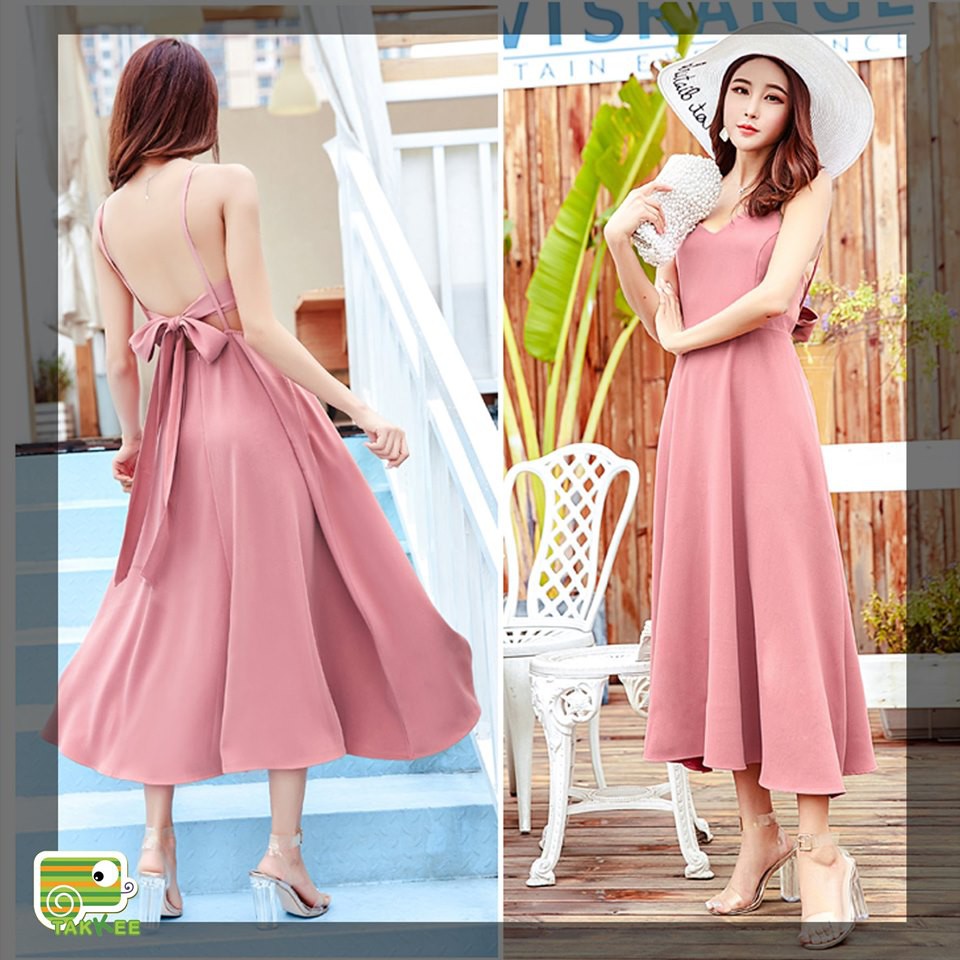 V290-VÁY ĐẦM ĐI BIỂN VÁY MAXI HỒNG ĐAN DÂY SAU LƯNG