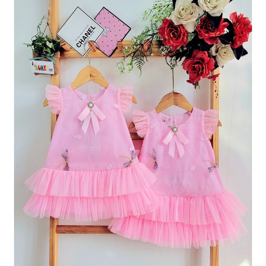 Đầm voan công chúa cho bé gái  dự tiệc diện tết đẹp thêu chuồn chuồn size 10-32kg hàng thiết kế cao cấp