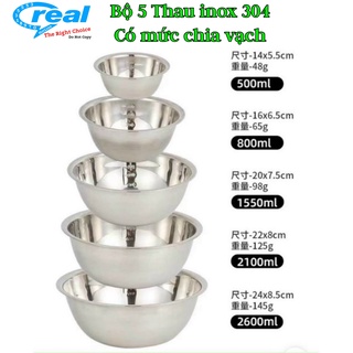 Bộ 5 thau inox 304 không gỉ chất liệu dày dặn kích thước từ 14-24cm, bộ thau đựng thực phẩm, rau củ quả tiện lợi