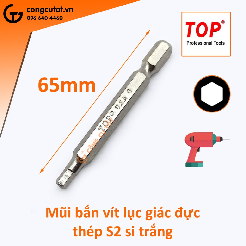 Đầu bắt vít lục giác đực dài 65 mm chuôi lục TOP USA