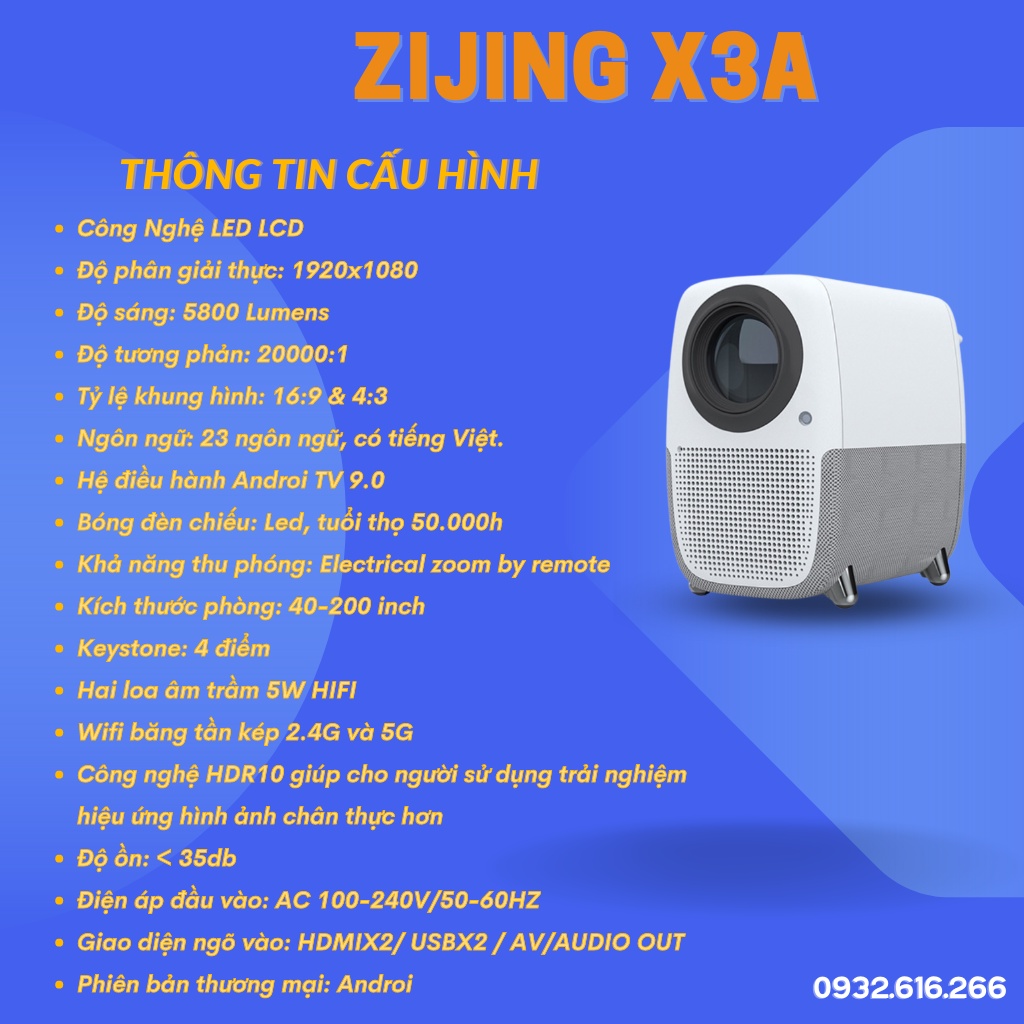Máy Chiếu Zijing X3A  - Fullhd 1080 chuẩn - Độ Sáng Cao - Autofocus - Tìm Kiếm Giọng Nói