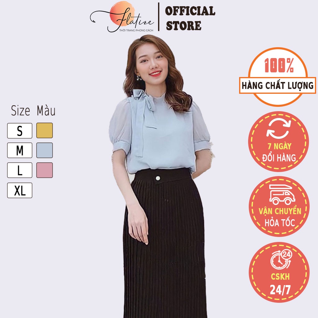 Áo sơ mi nữ phong cách Hàn Quốc cổ nơ, chất liệu vải tơ tằm mềm mịn và nhẹ - FLATIZE
