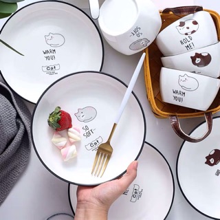 Bộ bát đĩa sứ men trắng cao cấp hoạ tiết mèo ngộ nghĩnh.