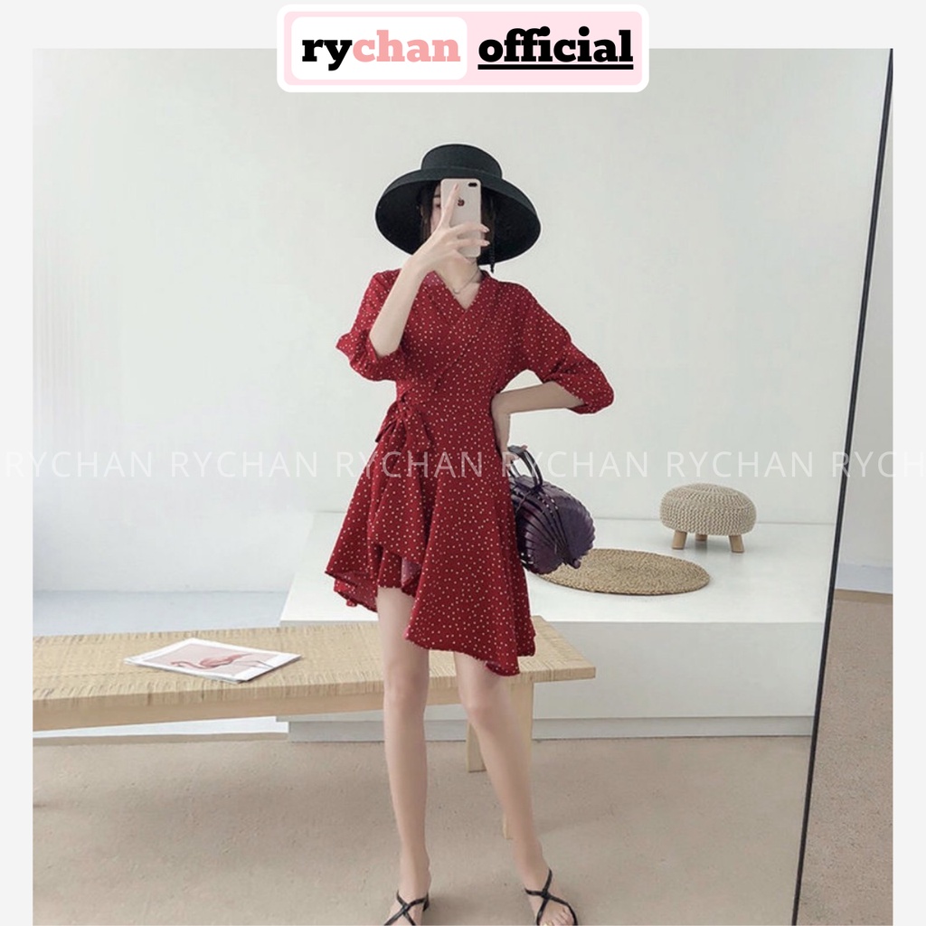 Đầm Xòe Bi Đỏ Đắp Chéo Lệch Tà Cổ V Tay Lửng Form Ngắn - DX778
