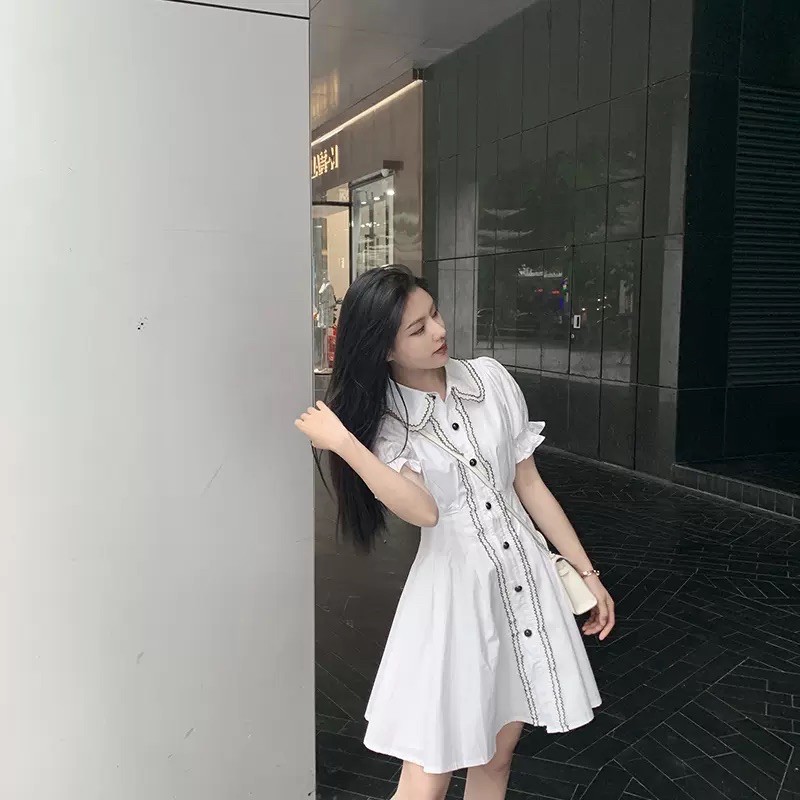 (HÀNG SẴN, có hình thật shop chụp) Váy sơ mi trắng viền đen