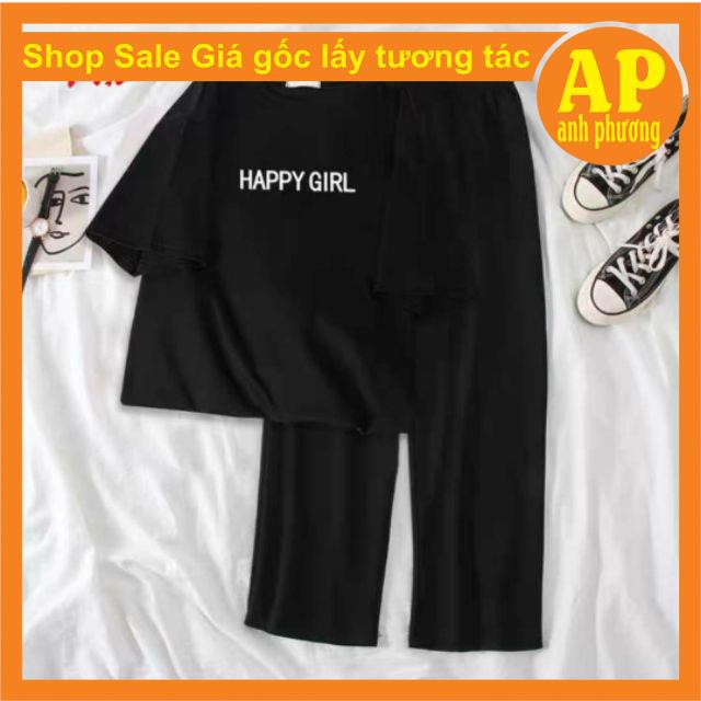 Sét áo Happy girl + quần suôngÁo phông form thụng tay lỡ chất cotton mềm mịn mix quần ống rộng chất cát hàn