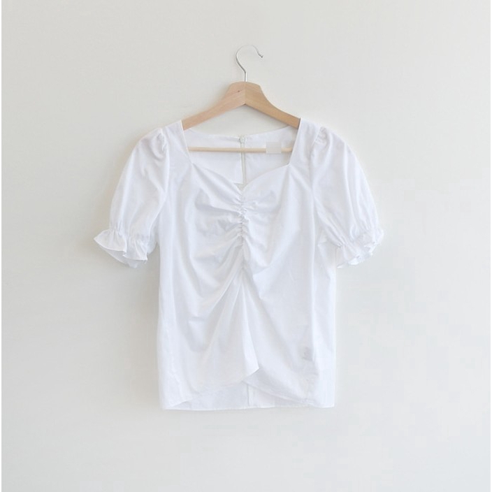 Áo SUXI tay phồng ngắn cổ chữ V xếp ly màu trơn phong cách Hàn Quốc thời trang