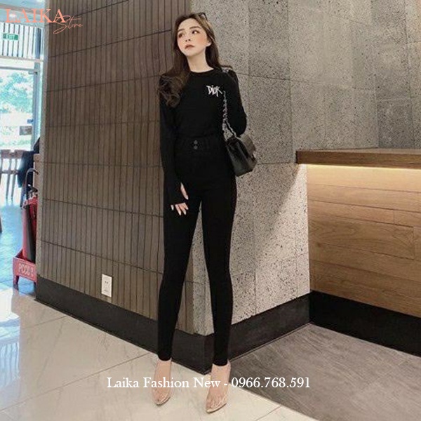 Quần legging nữ cạp cao dài nâng mông 2 nút cài thêu chữ H túi -  Quần legging đen co giãn gen bụng vải Umi dày ôm body