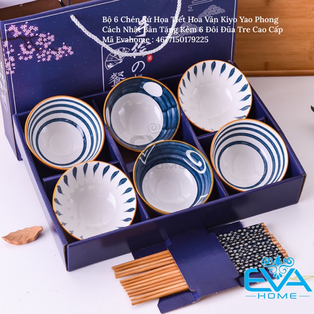 Bộ 6 Chén Sứ Hoạ Tiết Hoa Văn Phong Cách Nhật Sang Trọng Tặng Kèm 6 Đũa Hoá Cao Cấp