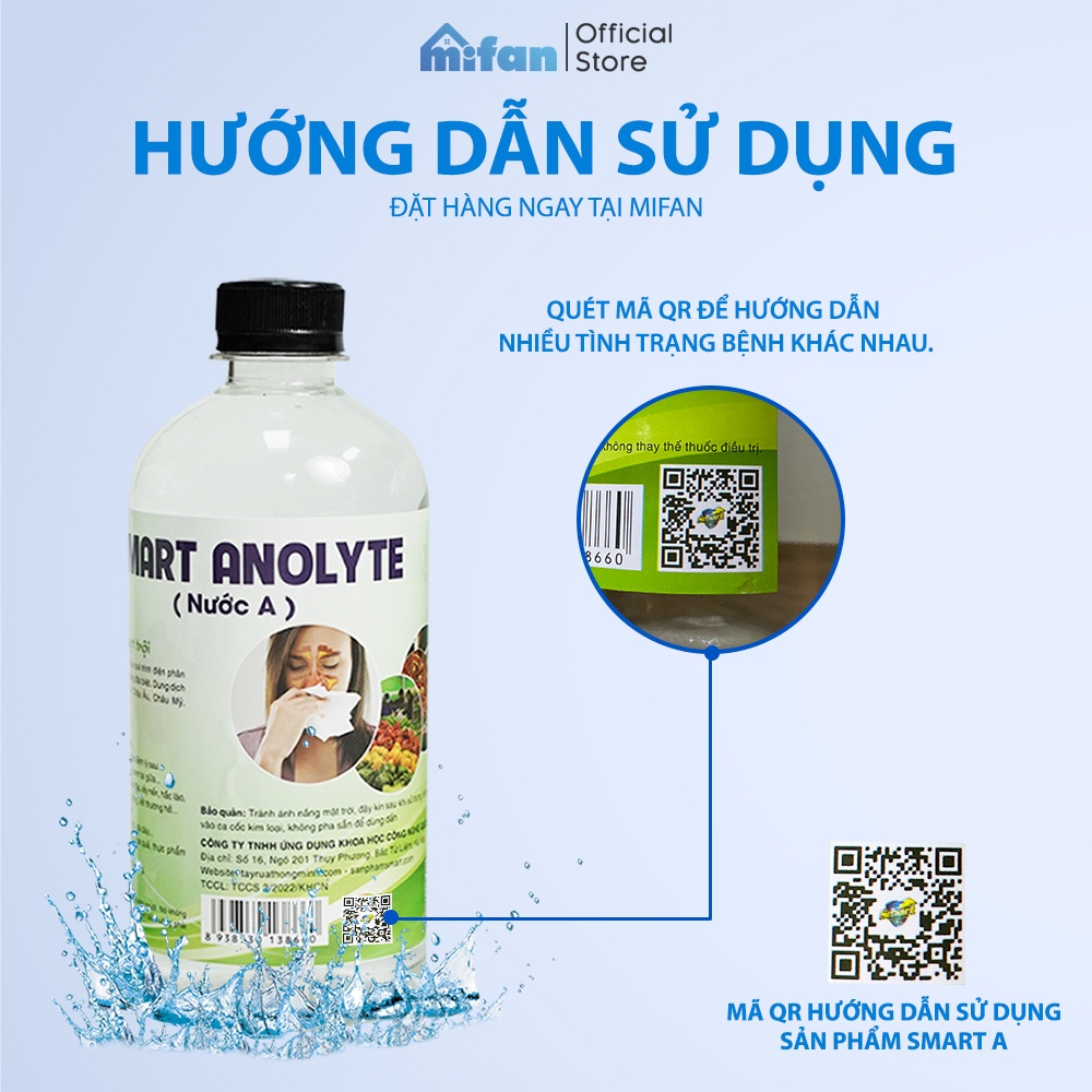 Dung dịch sát khuẩn Smart A 500ml - Nước anolyte khử khuẩn da, vệ sinh mũi họng - An toàn, không gây kích ứng