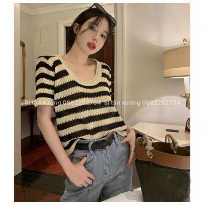 Áo dệt kim cộc tay phối kẻ ngang ulzzang mùa hè, áo len mỏng ngắn tay dáng rộng