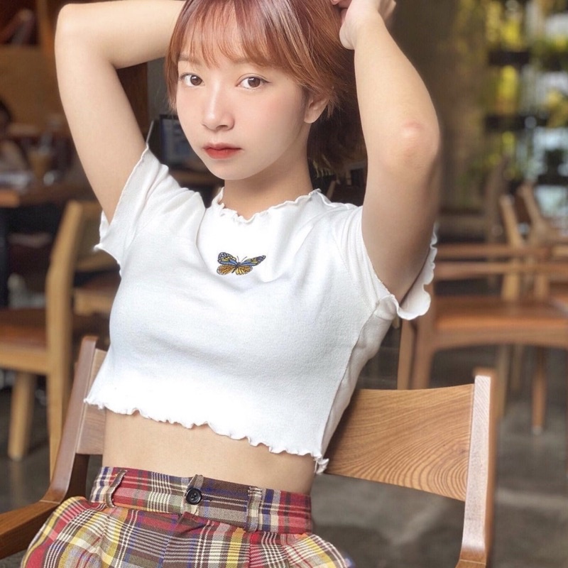 Áo croptop nữ thêu bướm tay ngắn cuốn biên