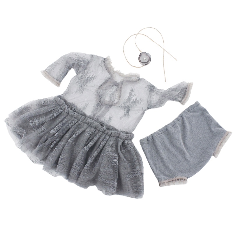 Set 3 Món Đầm + Băng Đô Ren Làm Phụ Kiện Chụp Ảnh Cho Bé Gái Sơ Sinh 0-6 Tháng Tuổi