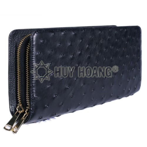 Ví cầm tay da đà điểu Huy Hoàng 2 khóa thụt màu đen - HF3466