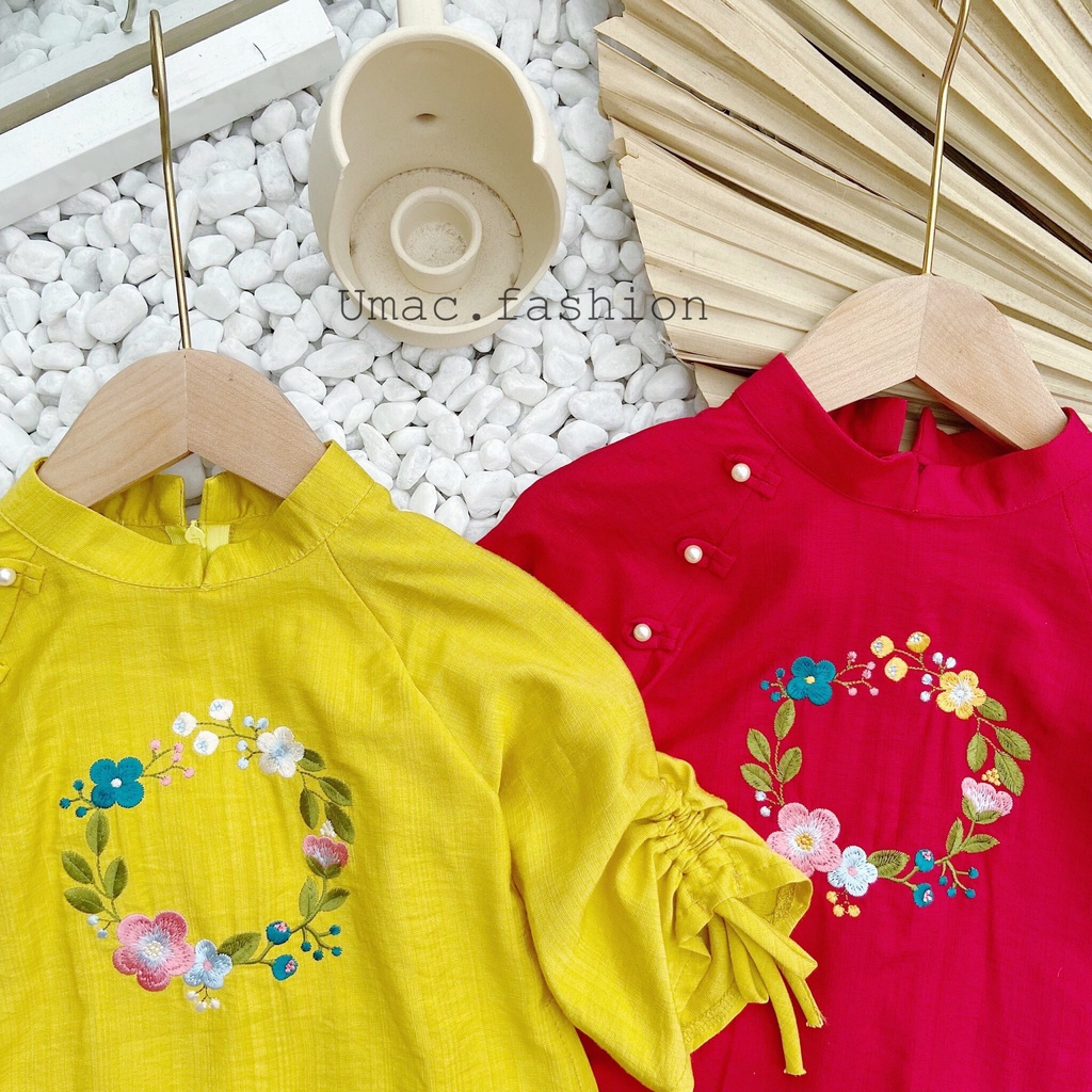 Áo dài thiết kế cho bé gái, áo dài cách tân thêu hoa  xinh xắn
