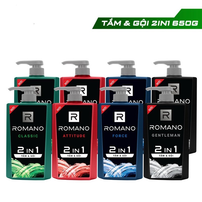 Tắm gội 2 trong 1 ( 2in1 ) / Dầu gội / Sữa tắm Romano hương nước hoa đủ mùi Classic - Force - Attitude - Gentleman 650g