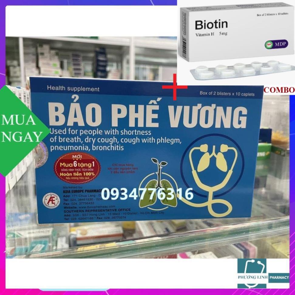 Combo Biotin 5mg+ Bảo Phế Vương dành cho người khó thở, viêm phổi, viêm phế quản, hộp 20 viên