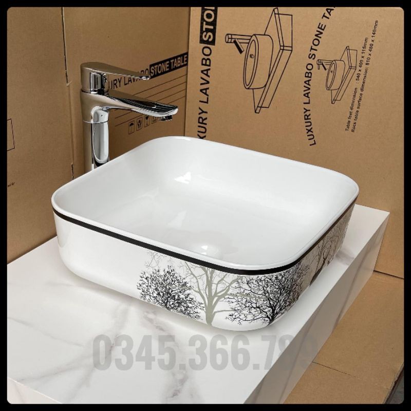 Lavabo vuông đặt bàn hoa văn cao cấp (KT 39x39cm)