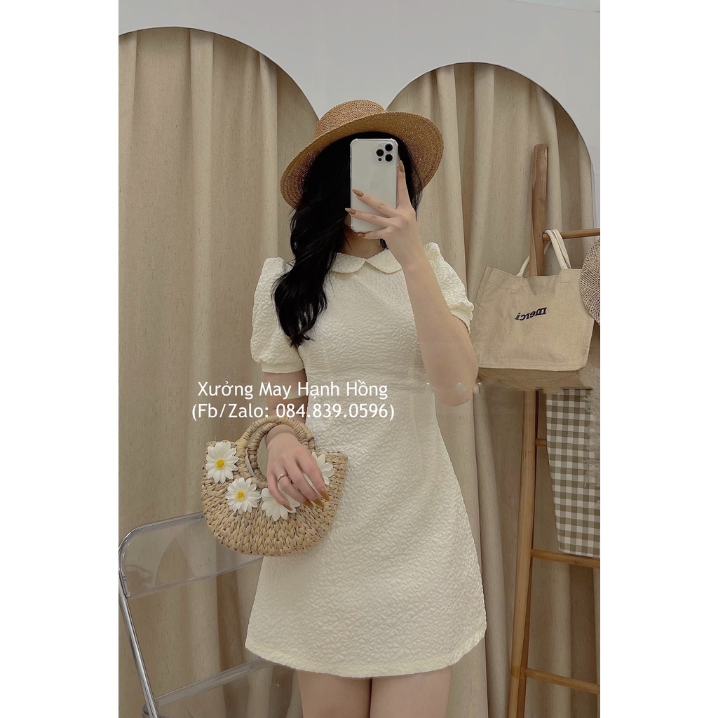 Váy gấm cổ sen ngắn tay, đầm thiết kế nữ phong cách Hàn Quốc