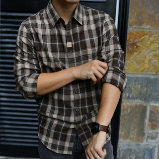 Áo sơ mi caro nâu nhỏ 1 túi ngực dài tay the1970 sm178