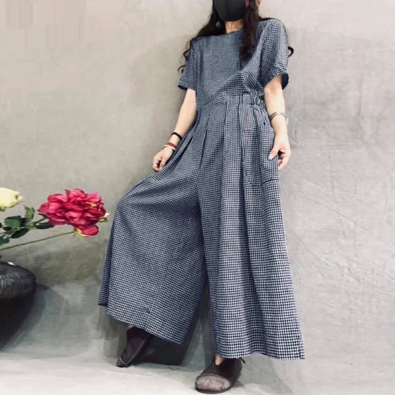 [Có Sẳn] Jumpsuit Áo Liền Quần Ống Rộng Sọc Ca Rô Nhuyễn Tay Ngắn Lưng Thun Cổ Tròn Summer Jumpsuit