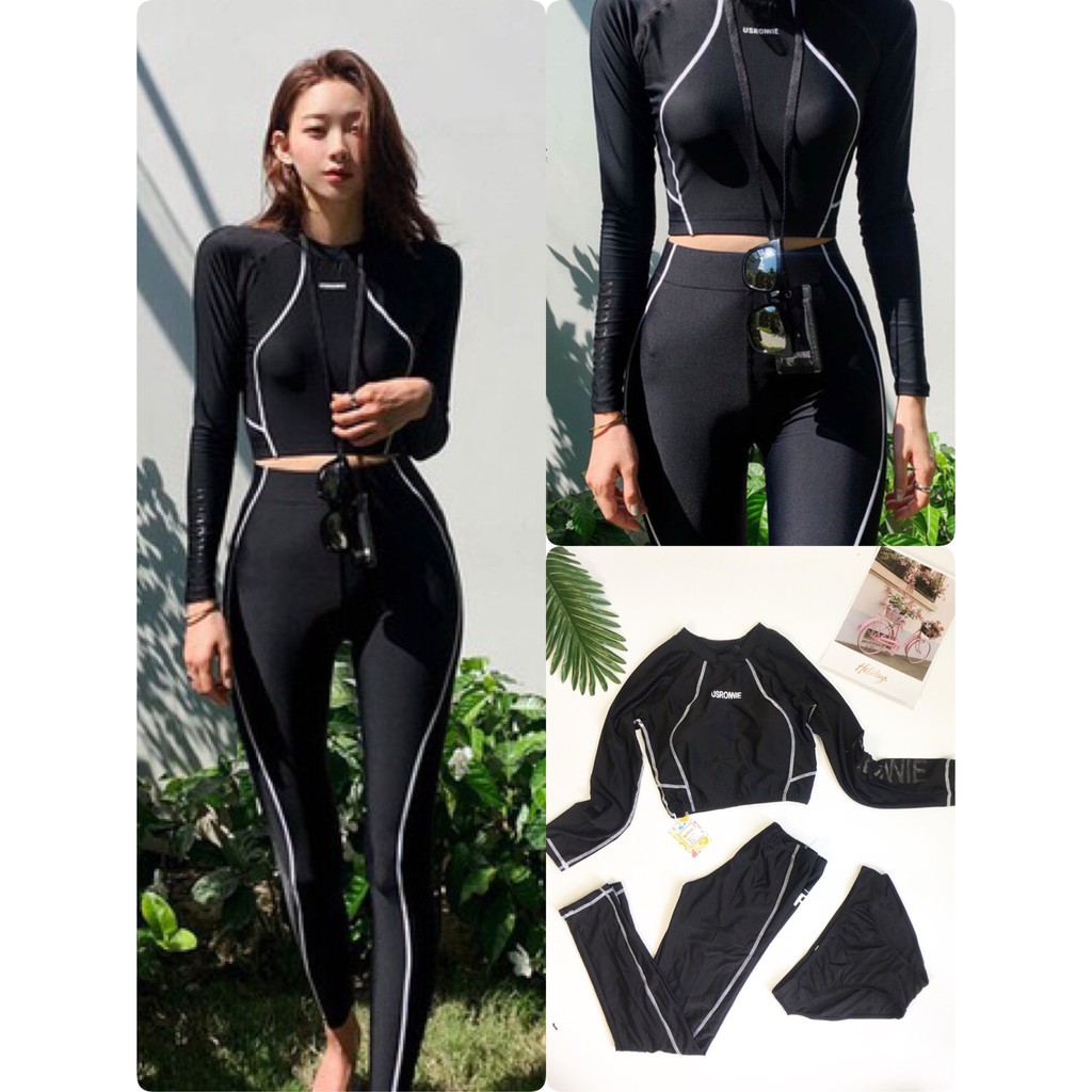 Đồ bơi tay dài croptop quần dài viền trắng siêu chất(kèm hình thật)