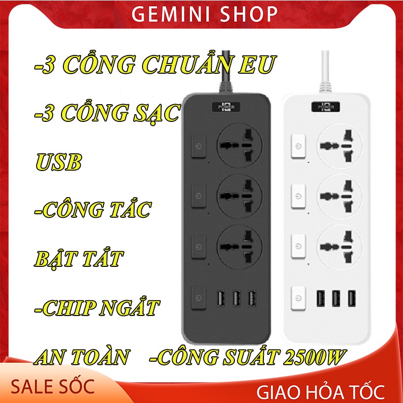 Ổ cắm điện đa năng cổng USB ổ cắm thông minh an toàn chống quá tải dây 1.8m công suất 250W T14