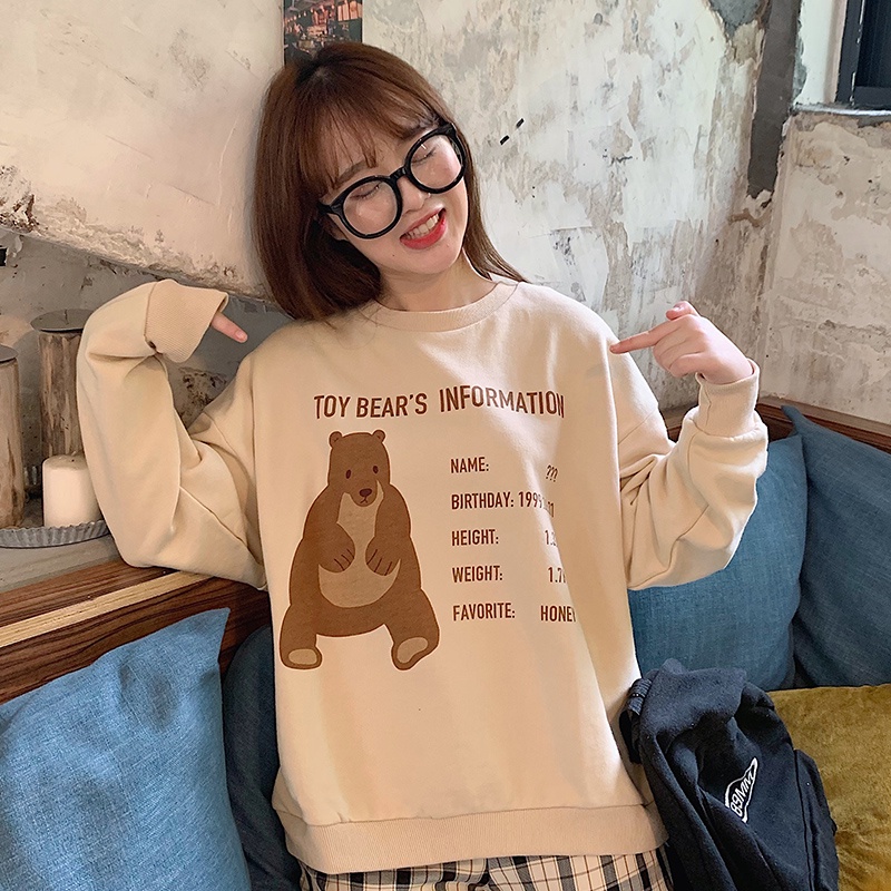 SUXI Áo Sweater Cổ Tròn Tay Dài Dáng Rộng In Hình Gấu Thời Trang