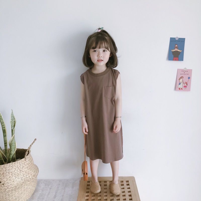 Đầm trẻ em bé gái dáng suông kiểu Hàn Quốc màu cà phê cho bé từ 1 đến 12 tuổi