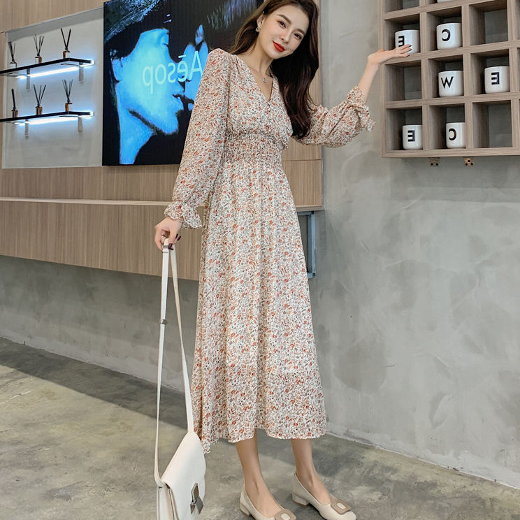 Đầm hoa BH tay dài cổ chữ V phong cách Hàn Quốc thời trang dành cho nữ