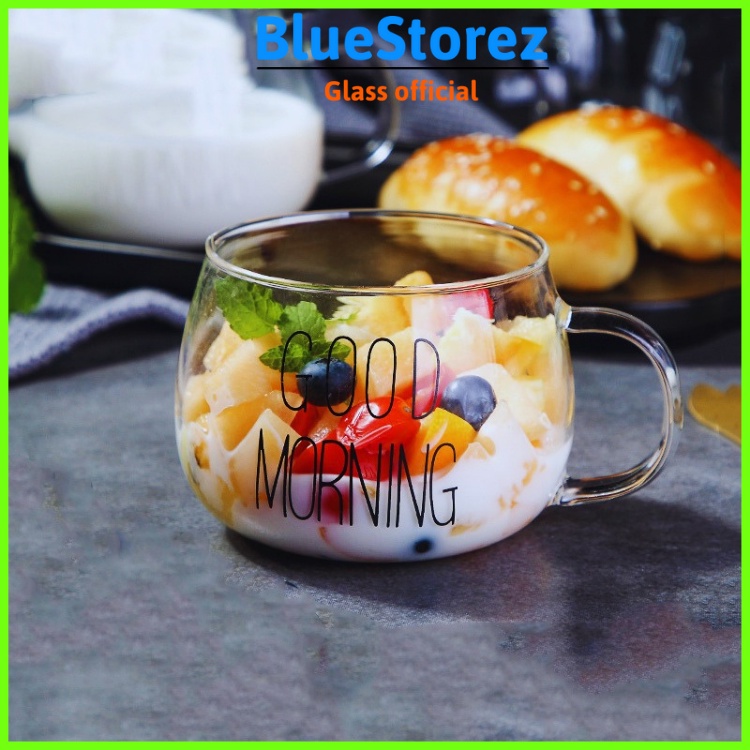 Ly thủy tinh, Cốc thủy tinh GOODMORNING 400ML uống nước cafe cute dễ thương có quai dùng làm cocktail sinh tố BlueStorez