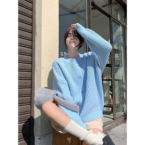 Áo Khoác Cardigan Dệt Kim Màu Xanh Dương Thời Trang
