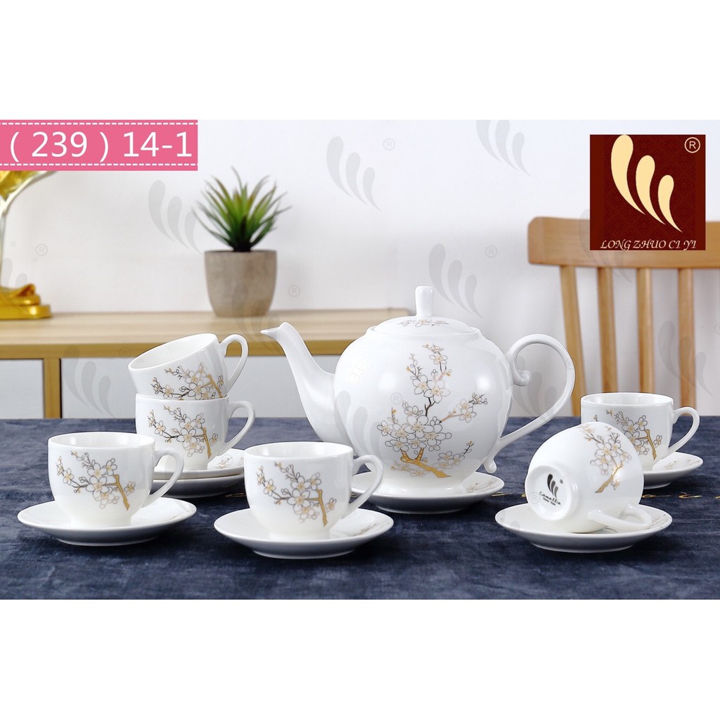 Bộ tách trà 1 tách 6 ly hoàng gia kèm dĩa bằng sứ cao cấp làm quà tặng sang trọng
