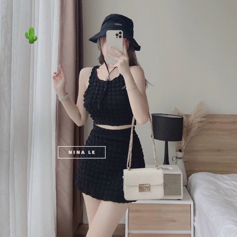 🎀🎀 Sét Váy Xốp Ô Vuông Nổi hot trend Active, Áo ba lỗ Croptop phối chân váy ôm có lót trong ,Size <53kg