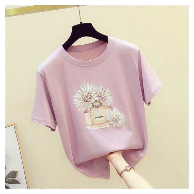Áo thun ngắn tay in hình hoa cúc nhỏ thời trang mùa hè Hàn Quốc hạt cườm nhỏ 100% cotton