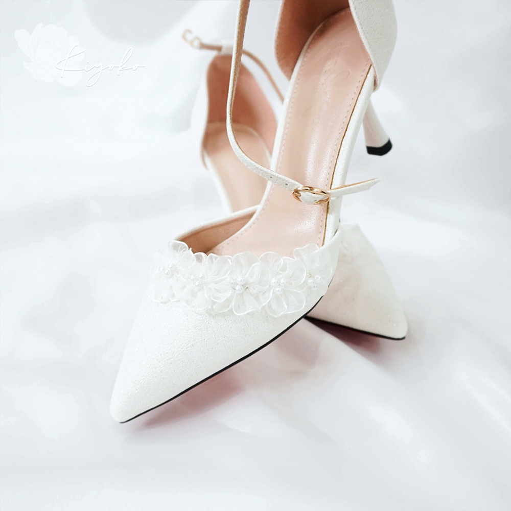 Giày cưới cô dâu đính hoa kết cườm cao 7cm
