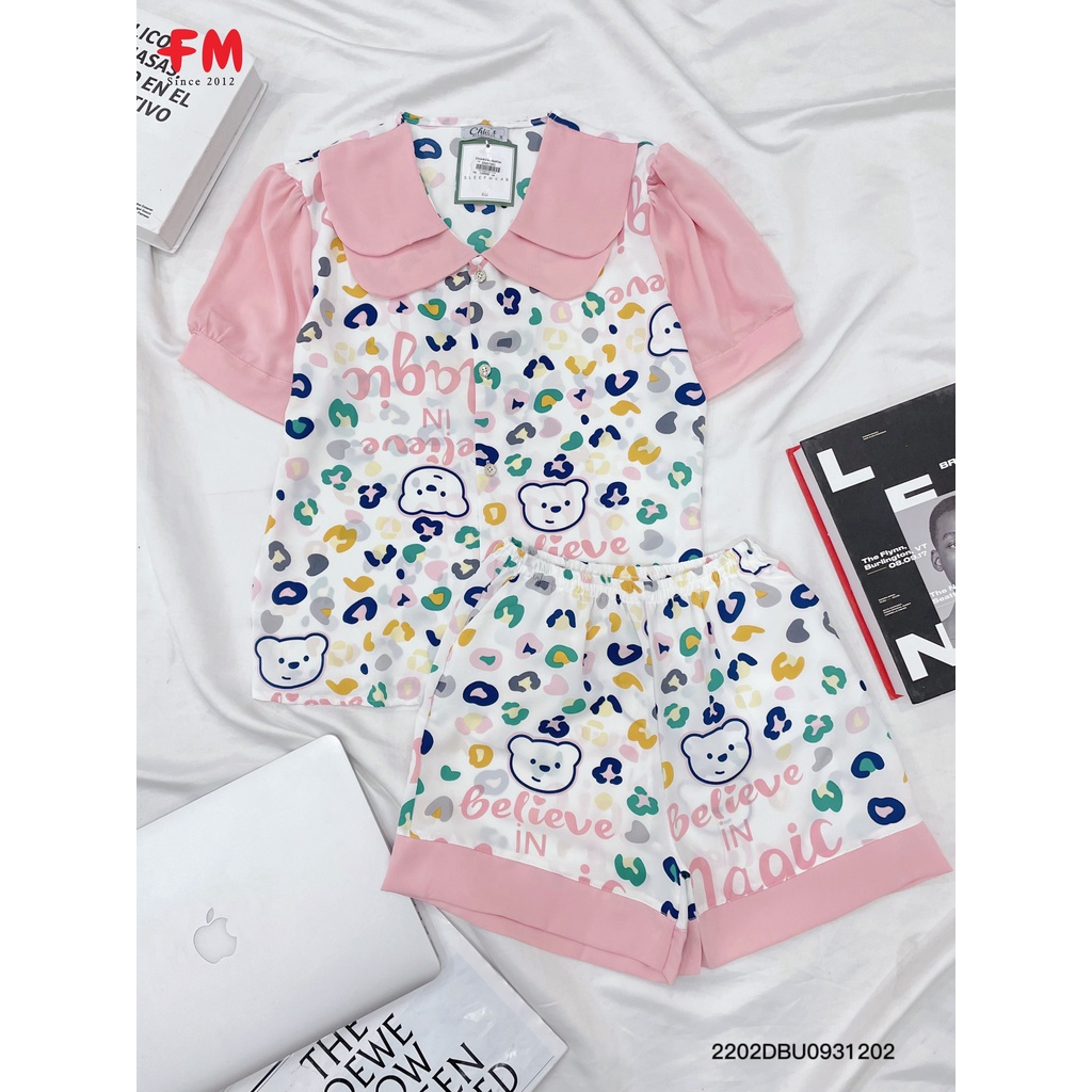 Đồ bộ nữ FM Style pijama lụa mặc nhà ngắn tay quần đùi cổ bèo dễ thương thời trang 220212021