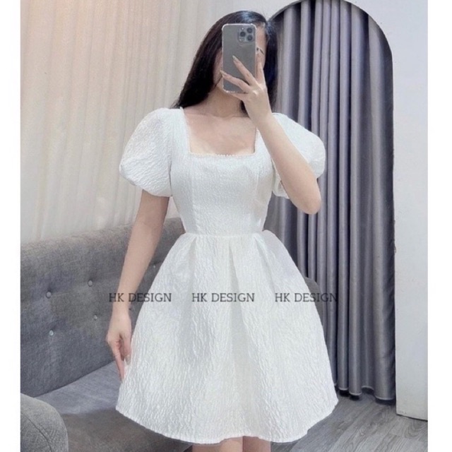 Váy đầm xốp trắng xoè tay bồnn viền ngọc cắt eo siêu xinh l1 ptp